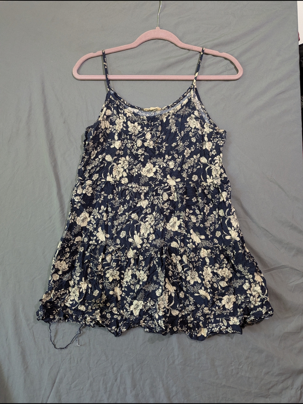 Navy Blue Floral Tiered Spaghetti Strap Dress Cotton